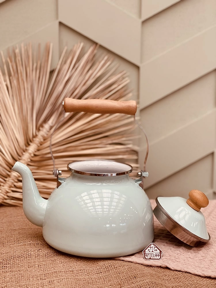 کتری لعابی دسته چوبی طرح انگلیش هوم