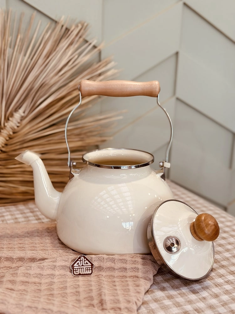 کتری لعابی دسته چوبی طرح انگلیش هوم