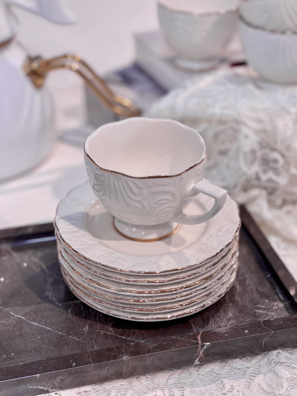 فنجان نعلبکی چای خوری گل برجسته محصول وارداتی