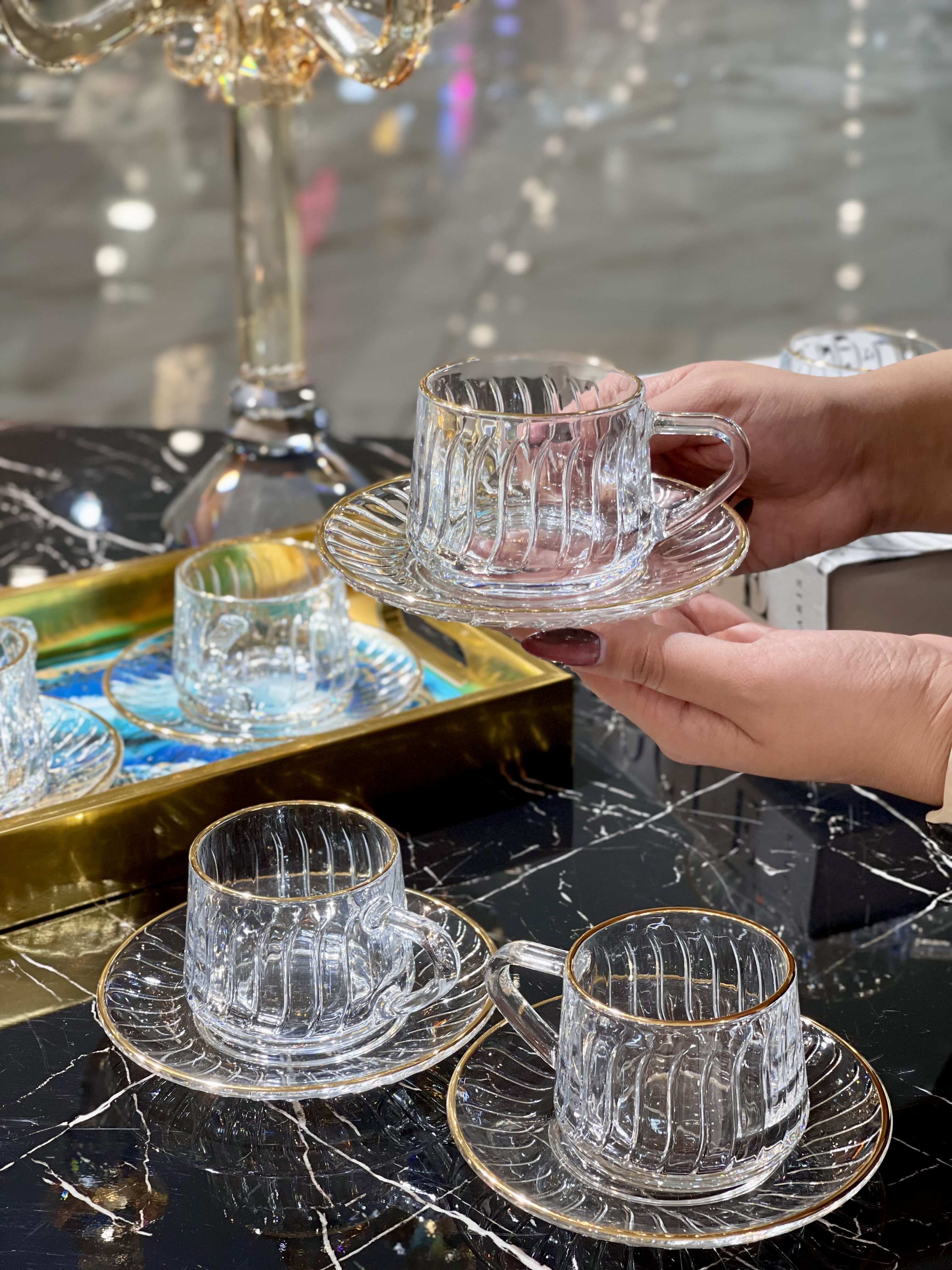 فنجان نعلبکی لب طلا Qingyang محصول وارداتی Deli Glass