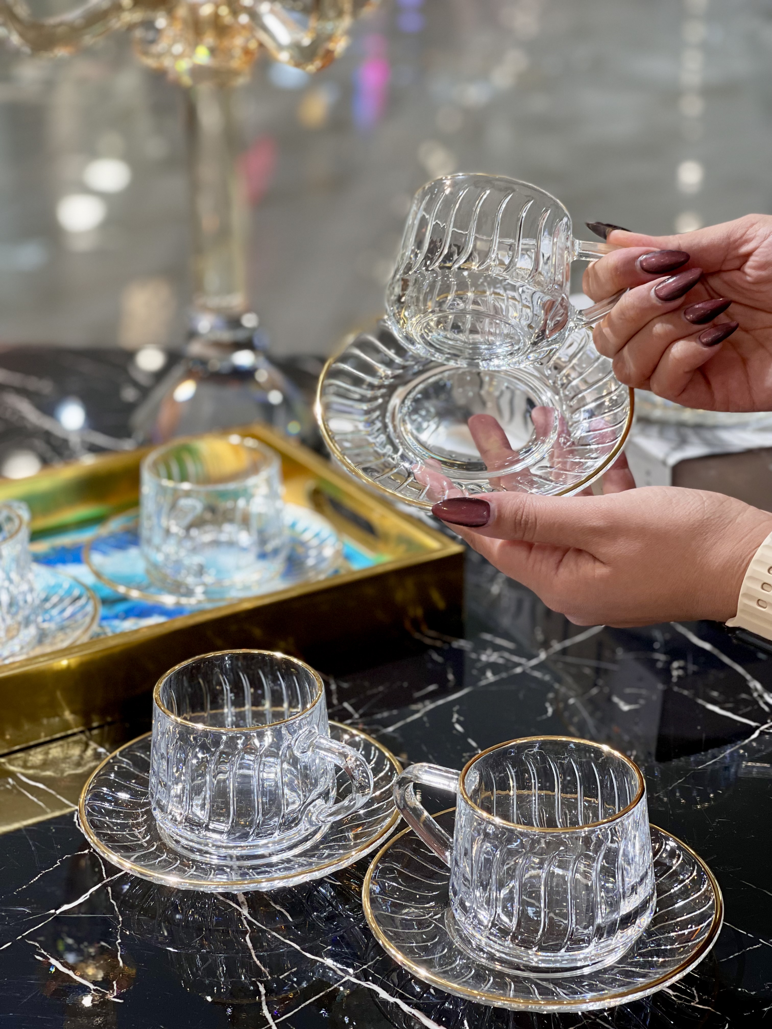 فنجان نعلبکی لب طلا Qingyang محصول وارداتی Deli Glass