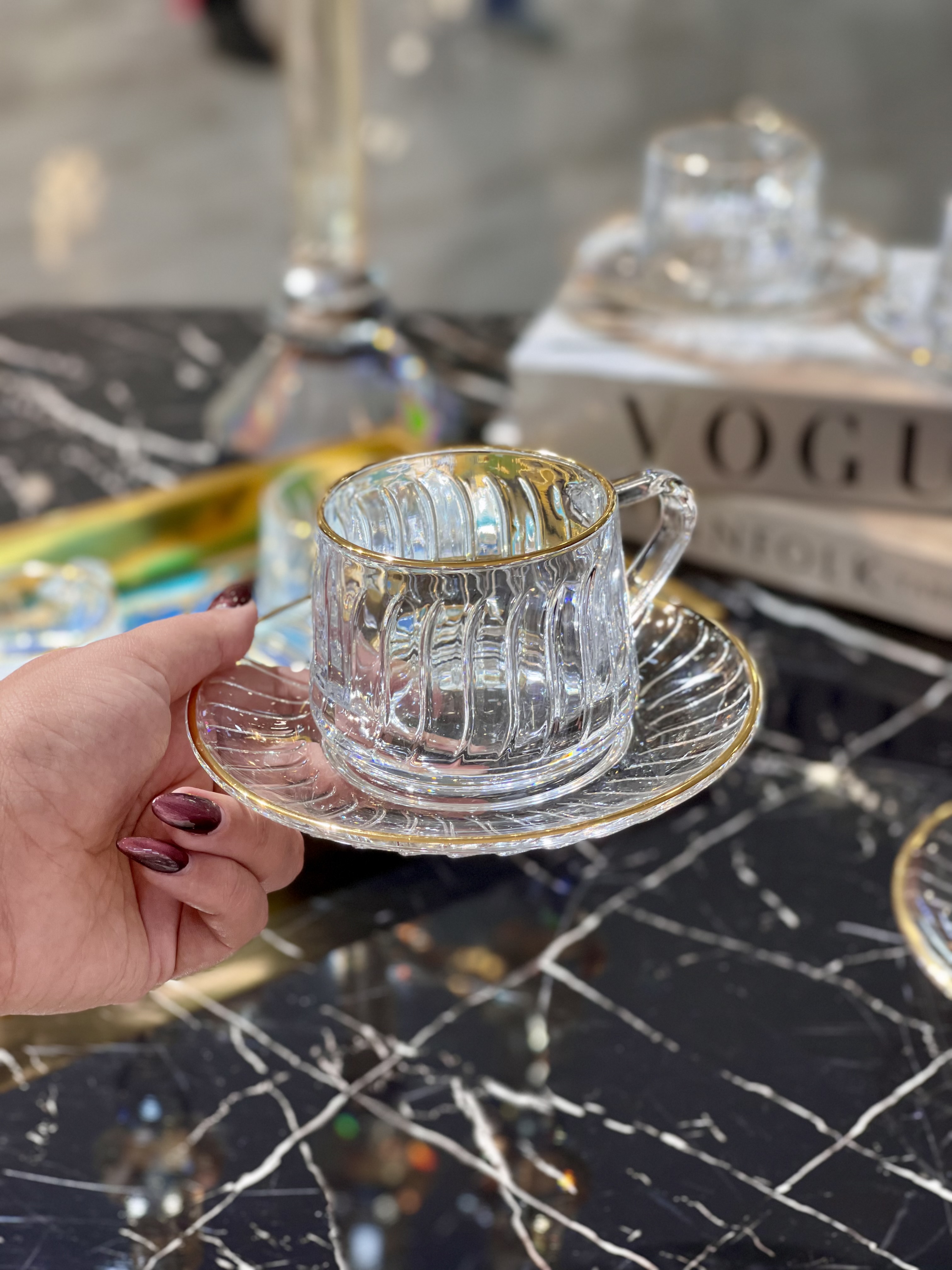 فنجان نعلبکی لب طلا Qingyang محصول وارداتی Deli Glass