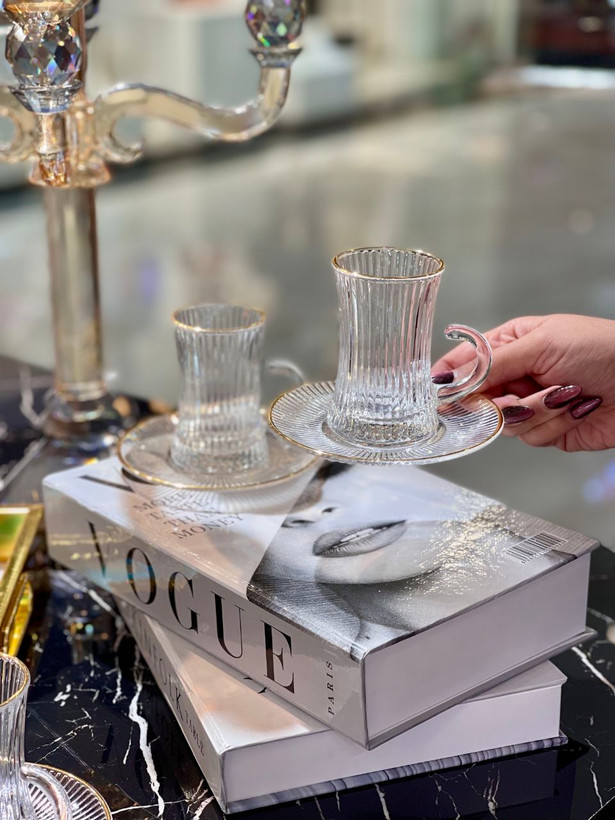 استکان نعلبکی کمر باریک لب طلا Ankara محصول وارداتی Deli Glass