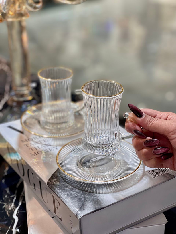 استکان نعلبکی کمر باریک لب طلا Ankara محصول وارداتی Deli Glass