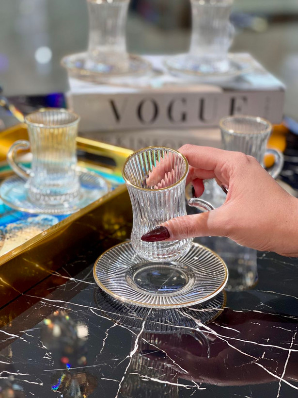 استکان نعلبکی کمر باریک لب طلا Ankara محصول وارداتی Deli Glass
