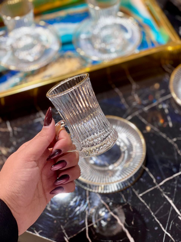 استکان نعلبکی کمر باریک لب طلا Ankara محصول وارداتی Deli Glass
