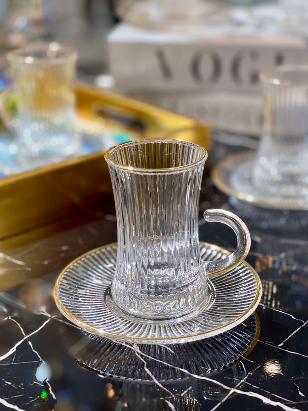 استکان نعلبکی کمر باریک لب طلا Ankara محصول وارداتی Deli Glass