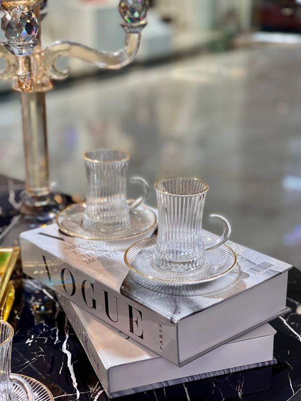 استکان نعلبکی کمر باریک لب طلا Ankara محصول وارداتی Deli Glass