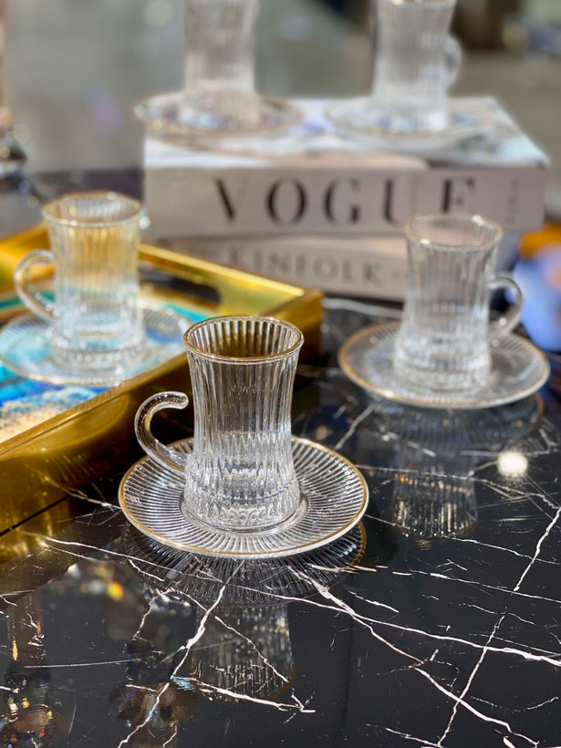 استکان نعلبکی کمر باریک لب طلا Ankara محصول وارداتی Deli Glass