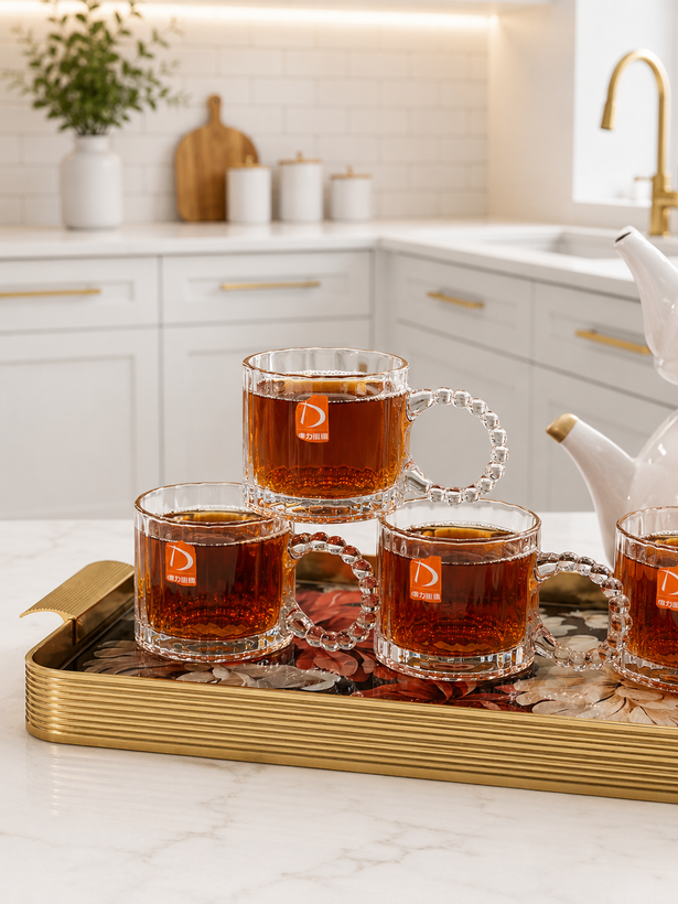 ماگ و فنجان دسته حلقه منجوقی لب طلا محصول وارداتی Deli Glass
