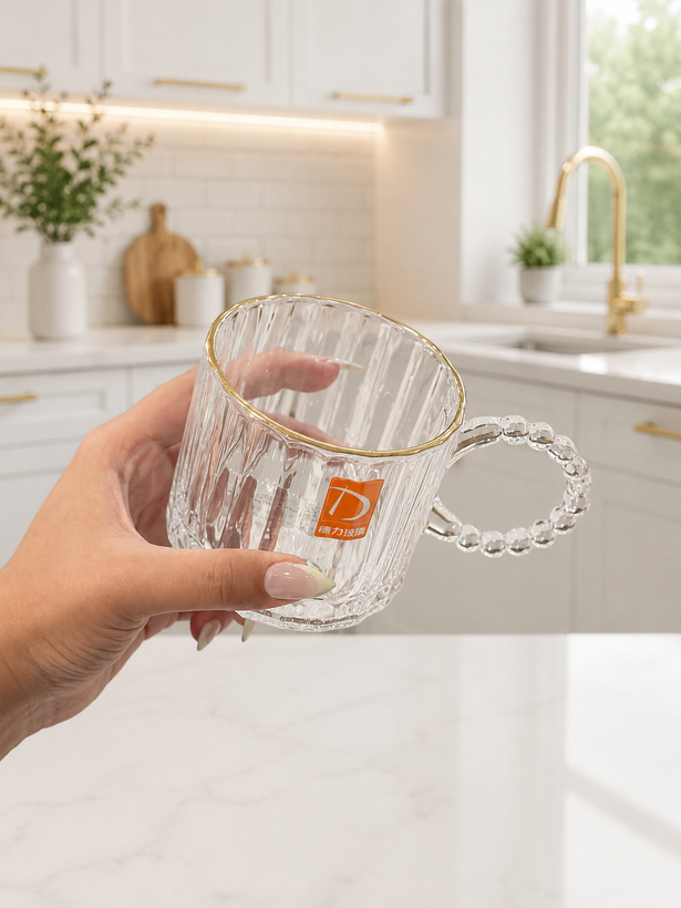 ماگ و فنجان دسته حلقه منجوقی لب طلا محصول وارداتی Deli Glass